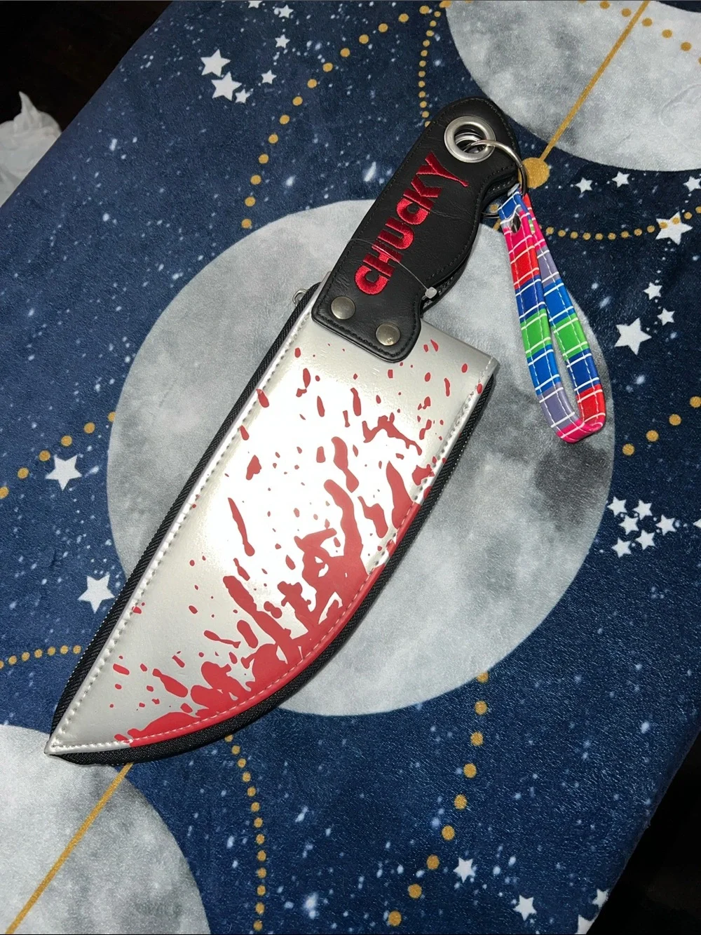 Chucky Silver & Red Blood-Splash Knife Sheath Keychain with Plaid Wrist Strap